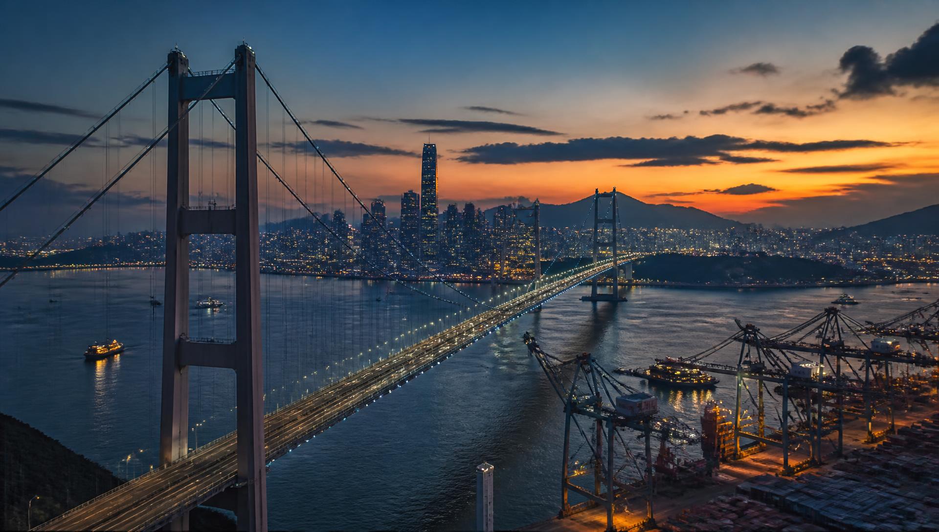 Bridge, port and city skyline at dusk
